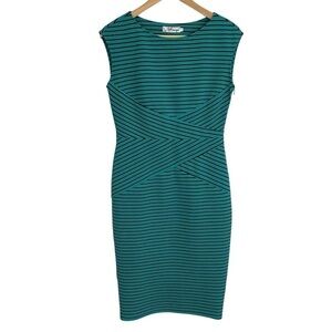 VfEmage Striped Sheath Dress Womens 12 Turquoise Fitted Sleeveless Defined Waist
